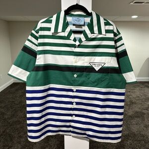 Prada x Raf Simmons SS22 Camp Collar Striped Bowling Shirt
